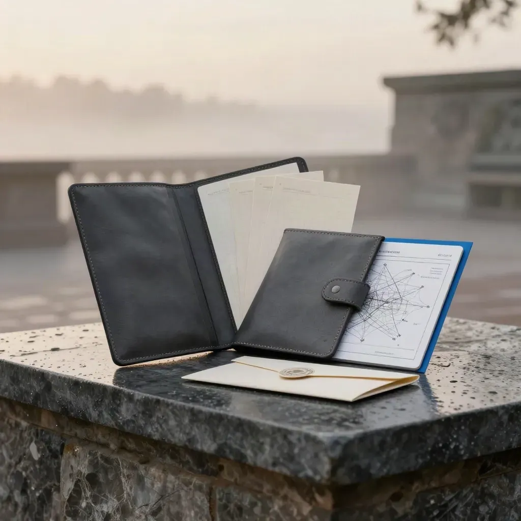 Rain-dark terrace hero kit with folio, cards, and envelope in soft dawn mist.
