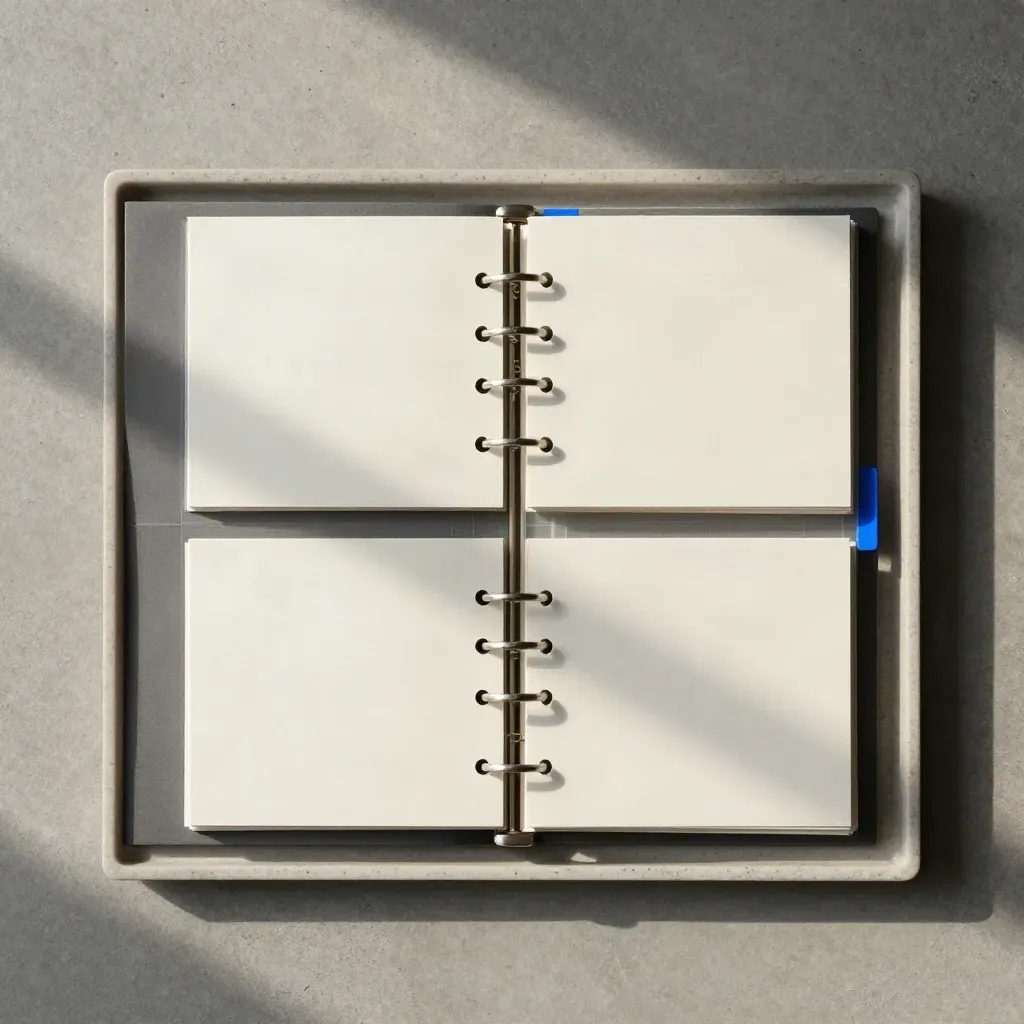Top-down flatlay of KPI planning cards, stone tray and slim binder with a blue accent on concrete.