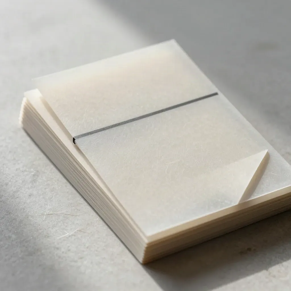 Macro of a translucent vellum interview pack with blank cards on pale stone