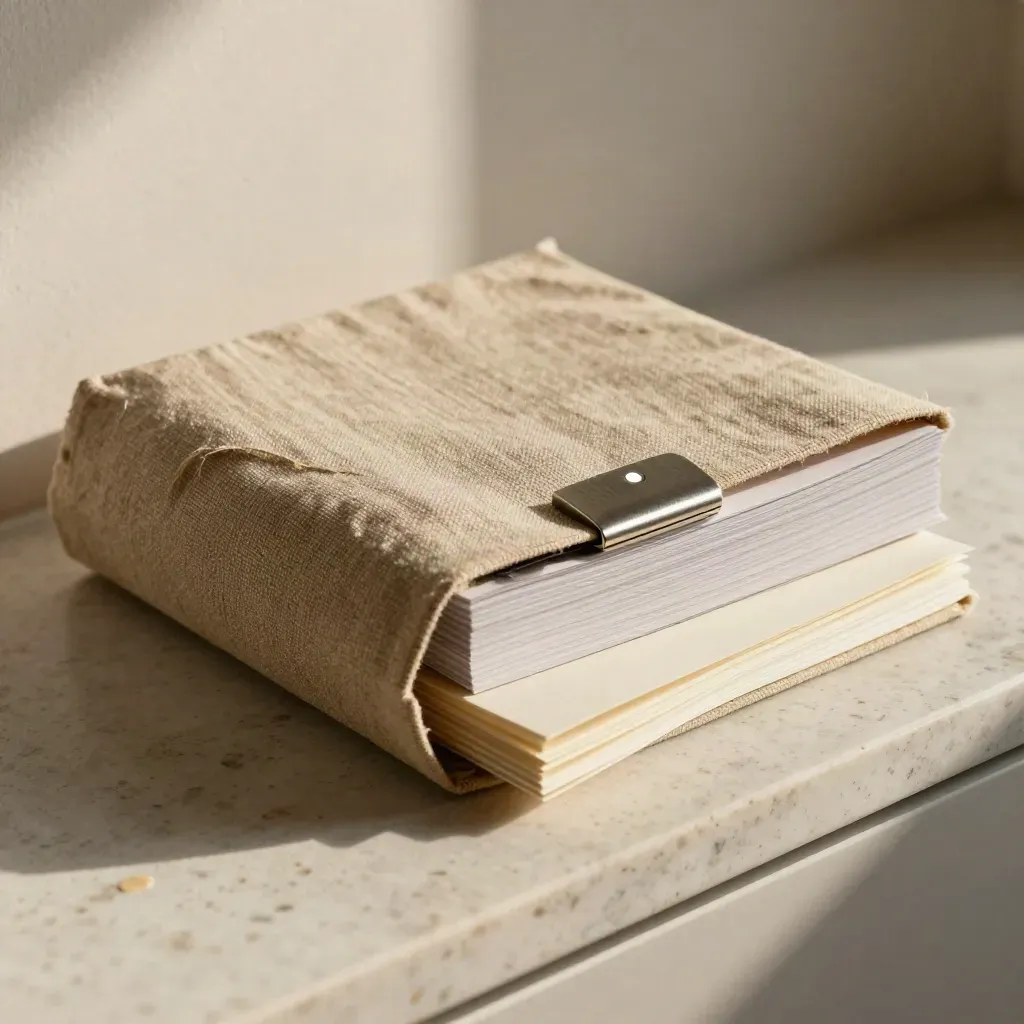 Half-wrapped linen booklet bundle with metal clip and cream inserts on travertine.
