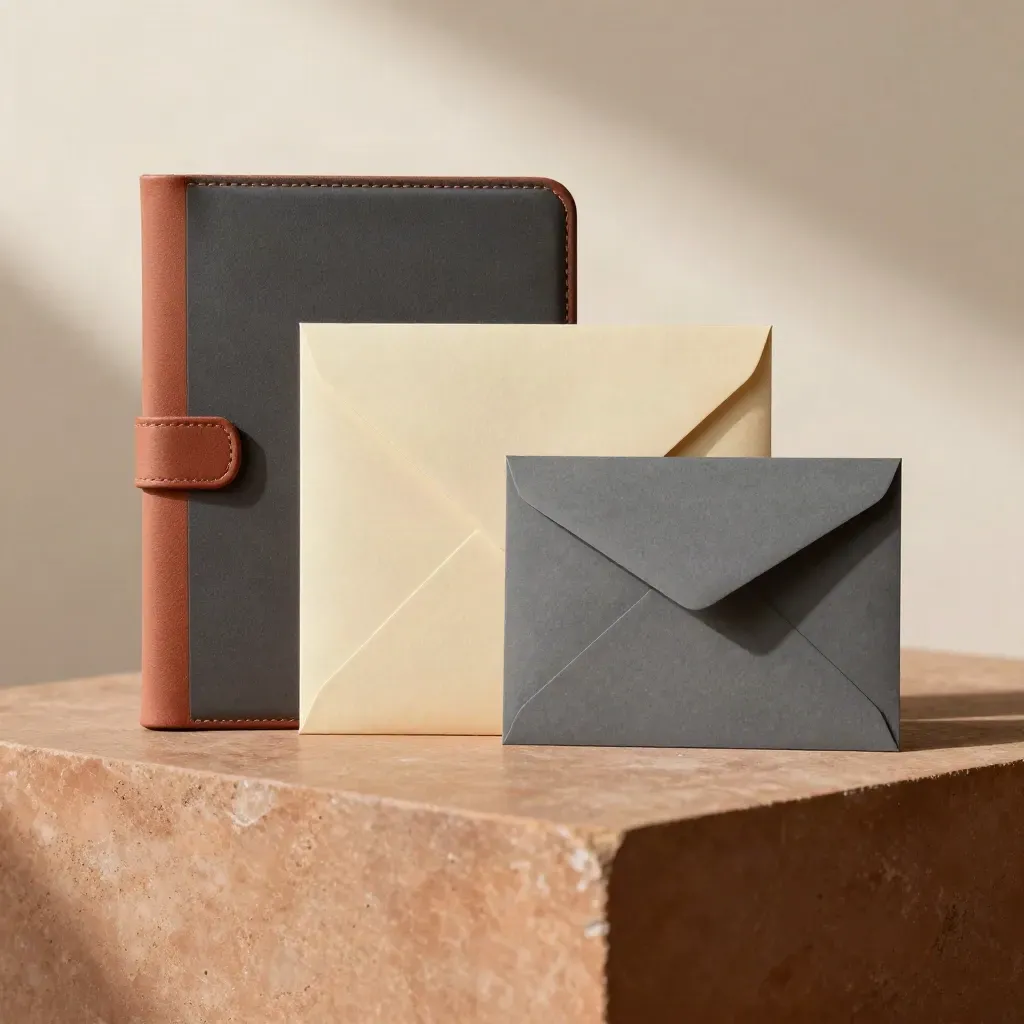 Premium strategy pack with slipcase, envelope, insert and card on terracotta pedestal.