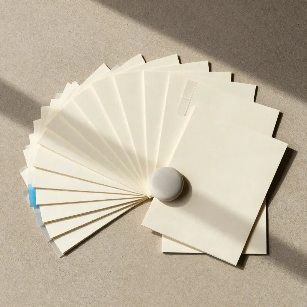 Workshop facilitation pack with blank cards, tabs and ceramic token on khaki concrete, top-down.