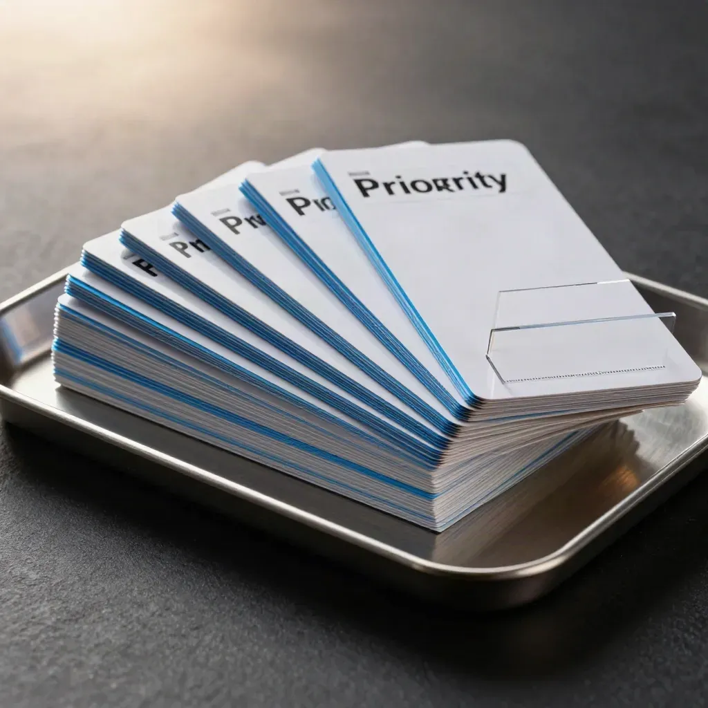 Macro of blue-edged strategy planning cards fanning from a reflective tray on black.