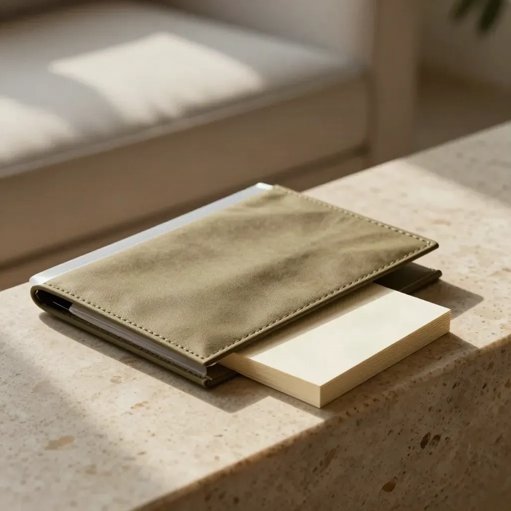Half-open interview guide kit with frosted sleeves and blank cards on travertine, softly lit.