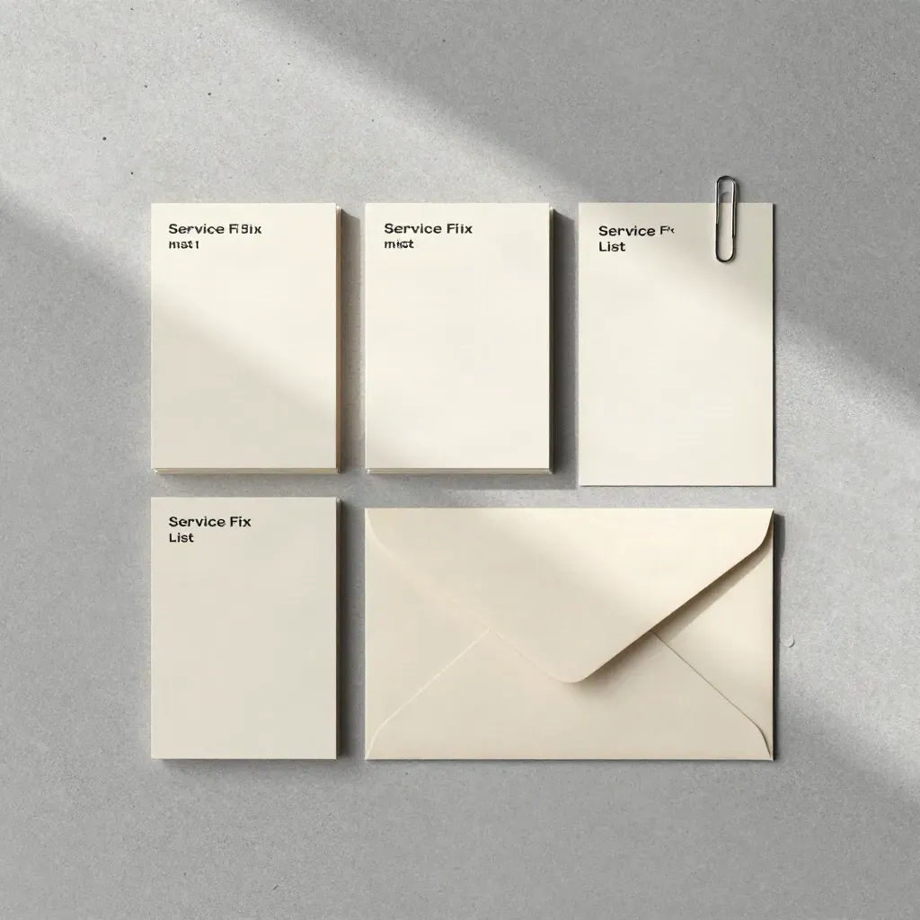 Overhead flatlay of cream service fix cards, paperclip and folded envelope on concrete.